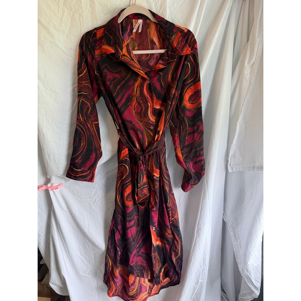 Truly‎ 4 You Abstract Marble Swirl Print Belted Shirt Dress XL Red Orange Purple